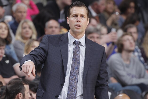SACRAMENTO, CA - JANUARY 17: Head coach Dave Joerger of the Sacramento Kings coaches against the Utah Jazz on January 17, 2018 at Golden 1 Center in Sacramento, California. NOTE TO USER: User expressly acknowledges and agrees that, by downloading and or using this photograph, User is consenting to the terms and conditions of the Getty Images Agreement. Mandatory Copyright Notice: Copyright 2018 NBAE (Photo by Rocky Widner/NBAE via Getty Images)