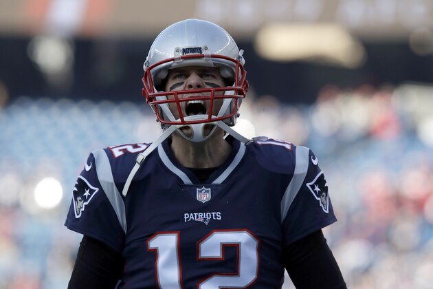 New England Patriots quarterback Tom Brady (12) warms up before the AFC championship NFL football game against the Jacksonville Jaguars, Sunday, Jan. 21, 2018, in Foxborough, Mass. (AP Photo/Charles Krupa)
