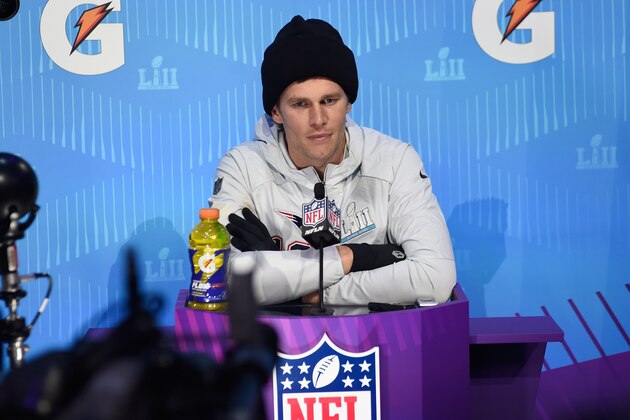 ST PAUL, MN - JANUARY 29:  Tom Brady #12 of the New England Patriots speaks to the media during Super Bowl LII Media Day at Xcel Energy Center on January 29, 2018 in St Paul, Minnesota.  Super Bowl LII will be played between the New England Patriots and the Philadelphia Eagles on February 4.  (Photo by Hannah Foslien/Getty Images)