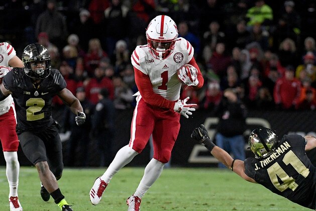 WEST LAFAYETTE, IN - OCTOBER 28: Tyjon Lindsey #1 of the Nebraska Cornhuskers jukes past Jacob Thieneman #41 of the Purdue Boilermakers after a catch during the first quarter of the game between the Purdue Boilermakers and the Nebraska Cornhuskers at Ross-Ade Stadium on October 28, 2017 in West Lafayette, Indiana. (Photo by Bobby Ellis/Getty Images)