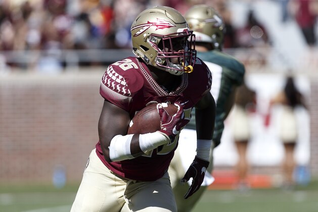TALLAHASSEE, FL - APRIL 8: Runningback Johnathan Vickers #26 of the Florida State Seminoles on a running play during the annual Garnet and Gold Spring football game at Doak Campbell Stadium on Bobby Bowden Field on April 8, 2017 in Tallahassee, Florida. (Photo by Don Juan Moore/Getty Images)