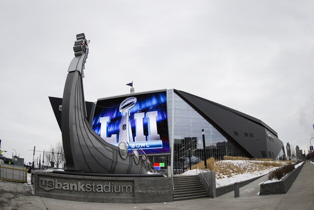 U.S. Bank Stadium is seen Tuesday, Jan. 30, 2018, in Minneapolis. The NFL Super Bowl 52 football game will be played Sunday, Feb. 4, 2018. (AP Photo/Matt Slocum)