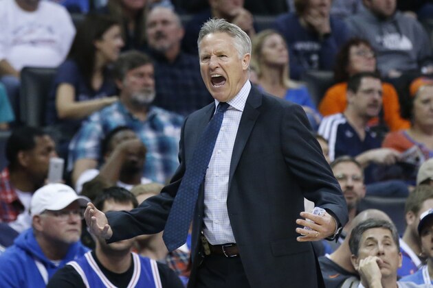 Philadelphia 76ers head coach Brett Brown shouts in the first half of an NBA basketball game against the Oklahoma City Thunder in Oklahoma City, Sunday, Jan. 28, 2018. (AP Photo/Sue Ogrocki)