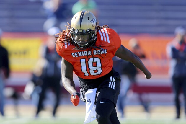 South Squad outside linebacker Shaquem Griffin, of Central Florida, runs drills during the South's team practice Tuesday, Jan. 23, 2018, in Mobile, Ala., for Saturday's Senior Bowl NCAA college football game. (AP Photo/Butch Dill)