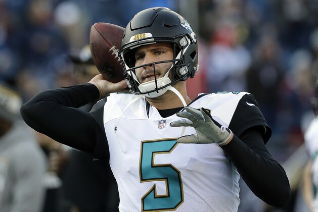 Jacksonville Jaguars quarterback Blake Bortles warms up before the AFC championship NFL football game against the New England Patriots, Sunday, Jan. 21, 2018, in Foxborough, Mass. (AP Photo/David J. Phillip)