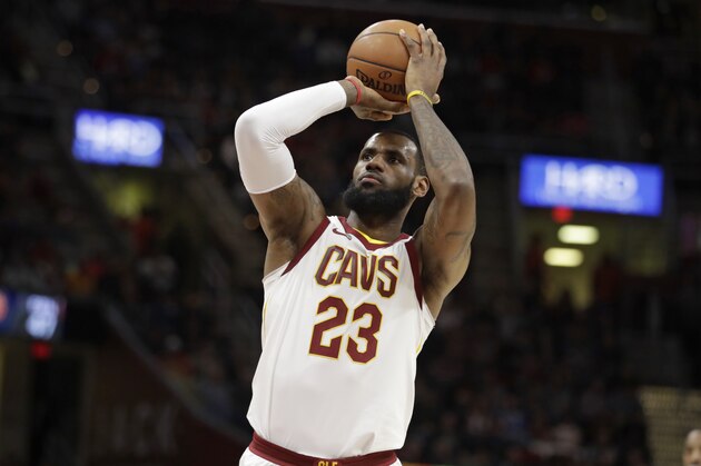 Cleveland Cavaliers' LeBron James shoots against the Indiana Pacers in the first half of an NBA basketball game, Friday, Jan. 26, 2018, in Cleveland. (AP Photo/Tony Dejak)