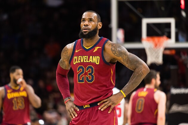 CLEVELAND, OH - JANUARY 28: LeBron James #23 of the Cleveland Cavaliers pauses between plays during the first half against the Detroit Pistons at Quicken Loans Arena on January 28, 2018 in Cleveland, Ohio. NOTE TO USER: User expressly acknowledges and agrees that, by downloading and or using this photograph, User is consenting to the terms and conditions of the Getty Images License Agreement. (Photo by Jason Miller/Getty Images)