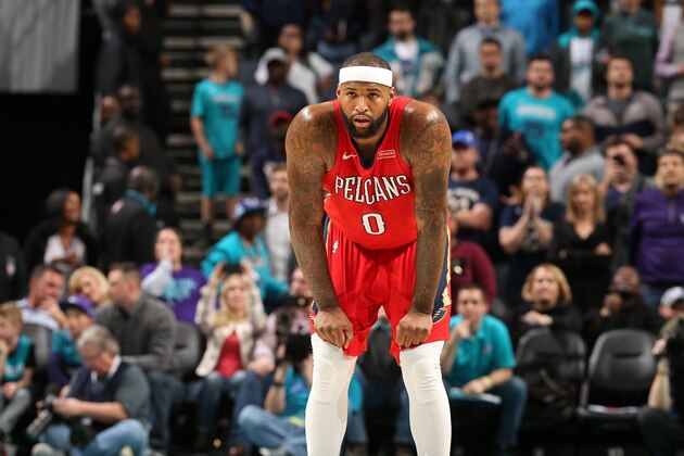 CHARLOTTE, NC - JANUARY 24:  DeMarcus Cousins #0 of the New Orleans Pelicans looks on during the game against the Charlotte Hornets on January 24, 2018 at Spectrum Center in Charlotte, North Carolina. NOTE TO USER: User expressly acknowledges and agrees that, by downloading and or using this photograph, User is consenting to the terms and conditions of the Getty Images License Agreement.  Mandatory Copyright Notice:  Copyright 2018 NBAE (Photo by Kent Smith/NBAE via Getty Images)