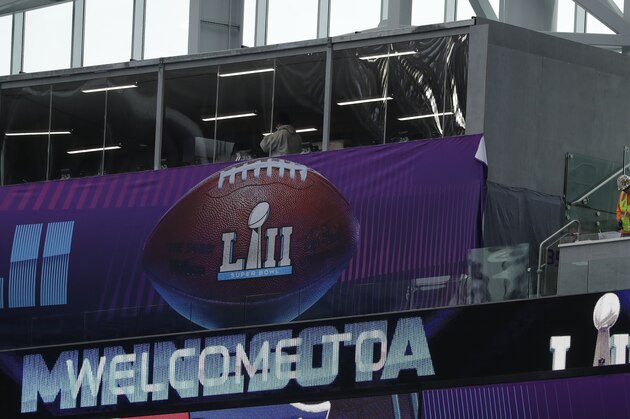 Workers continue to get U.S. Bank Stadium ready for Super Bowl 52 on Tuesday, Jan. 30, 2018, in Minneapolis. (AP Photo/Matt Slocum)