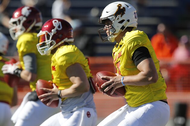 North Squad quarterback Josh Allen of Wyoming (17) during the North team's practice for Saturday's Senior Bowl college football game in Mobile, Ala.,Thursday, Jan. 25, 2018.(AP Photo/Brynn Anderson)