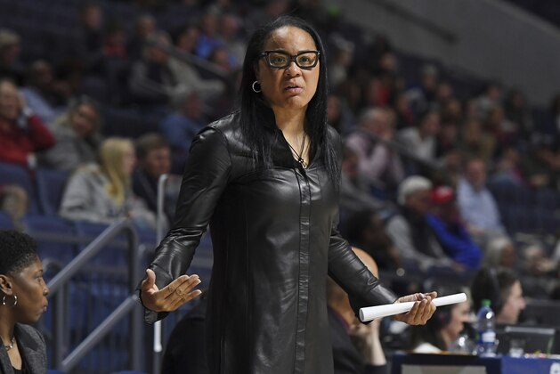 South Carolina head coach Dawn Staley reacts during the second half of an NCAA college basketball game against Mississippi in Oxford, Miss., Thursday, Jan. 4, 2018. South Carolina won 88-62. (AP Photo/Thomas Graning)
