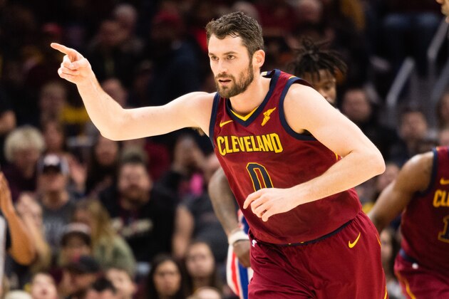CLEVELAND, OH - JANUARY 28: Kevin Love #0 of the Cleveland Cavaliers celebrates after scoring during the first half against the Detroit Pistons at Quicken Loans Arena on January 28, 2018 in Cleveland, Ohio. NOTE TO USER: User expressly acknowledges and agrees that, by downloading and or using this photograph, User is consenting to the terms and conditions of the Getty Images License Agreement. (Photo by Jason Miller/Getty Images)