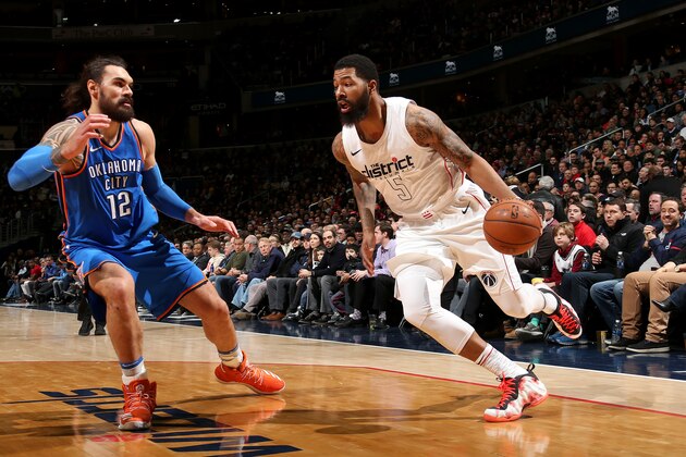 WASHINGTON, DC -¬JANUARY 30:  Markieff Morris #5 of the Washington Wizards handles the ball against the Oklahoma City Thunder on January 30, 2018 at Capital One Arena in Washington, DC. NOTE TO USER: User expressly acknowledges and agrees that, by downloading and/or using this photograph, user is consenting to the terms and conditions of the Getty Images License Agreement. Mandatory Copyright Notice: Copyright 2018 NBAE (Photo by Ned Dishman/NBAE via Getty Images)