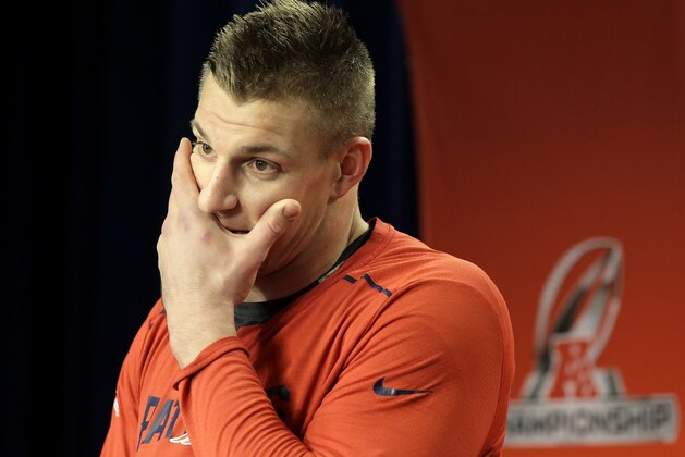 New England Patriots tight end Rob Gronkowski faces reporters during a news conference following an NFL football practice Wednesday, Jan. 17, 2018, at Gillette Stadium in Foxborough, Mass. (AP Photo/Steven Senne)