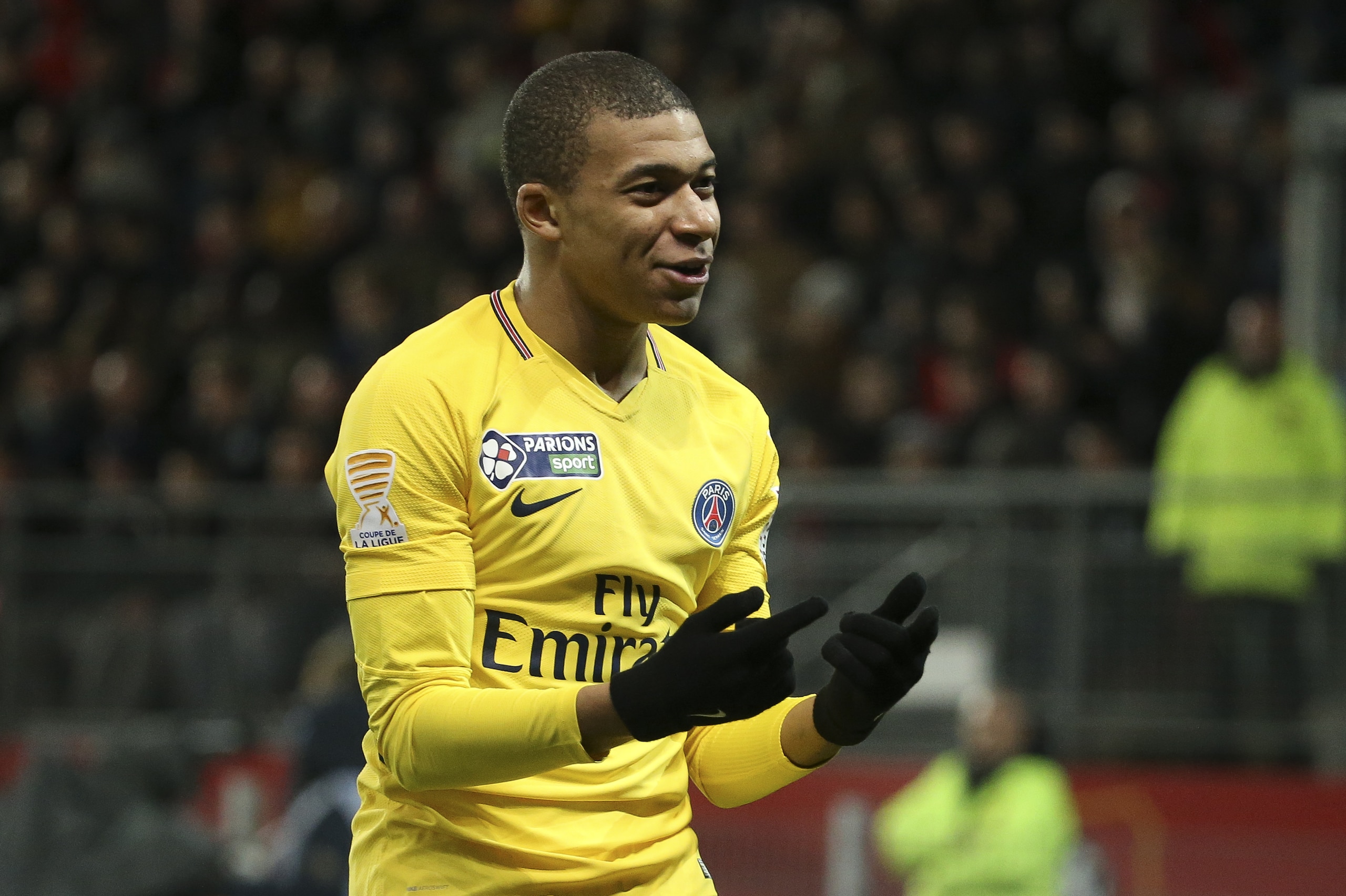 RENNES, FRANCE - JANUARY 30: Kylian Mbappe of PSG during the French League Cup (Coupe de la Ligue) match between Stade Rennais and Paris Saint Germain (PSG) at Roazhon Park on January 30, 2018 in Rennes, France. (Photo by Jean Catuffe/Getty Images)