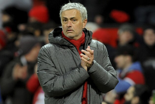 Manchester United manager Jose Mourinho during the English Premier League soccer match between Manchester United and Stoke City at Old Trafford in Manchester, England, Monday, Jan. 15, 2018. (AP Photo/Rui Vieira)
