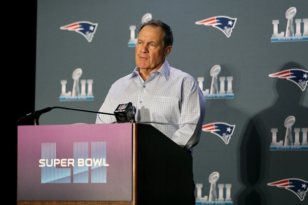 BLOOMINGTON, MN - JANUARY 30:  Head coach Bill Belichick of the New England Patriots speaks with the press during the New England Patriots Media Availability during Super Bowl LII week at the Mall of America on January 30, 2018 in Bloomington, Minnesota.The New England Patriots will face the Philadelphia Eagles in Super Bowl LII on February 4th.  (Photo by Elsa/Getty Images)