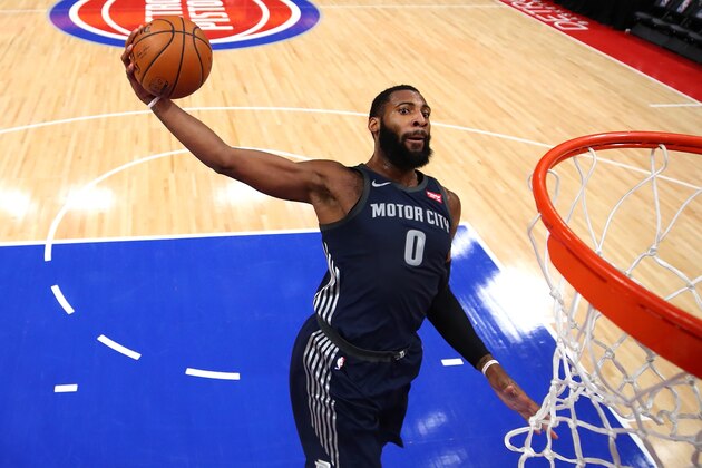 DETROIT, MI - JANUARY 30: Andre Drummond #0 of the Detroit Pistons dunks while playing the Cleveland Cavaliers during the first half at Little Caesars Arena on January 30, 2018 in Detroit, Michigan. Detroit won the game 125-114. NOTE TO USER: User expressly acknowledges and agrees that, by downloading and or using this photograph, User is consenting to the terms and conditions of the Getty Images License Agreement. (Photo by Gregory Shamus/Getty Images)