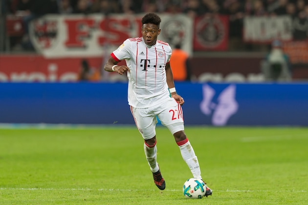 LEVERKUSEN, GERMANY - JANUARY 12: David Alaba of Muenchen controls the ball during the Bundesliga match between Bayer 04 Leverkusen and FC Bayern Muenchen at BayArena on January 12, 2018 in Leverkusen, Germany. (Photo by TF-Images/TF-Images via Getty Images)