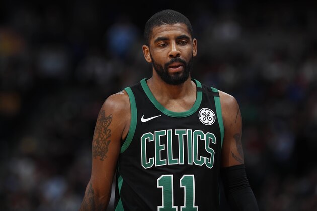 Boston Celtics guard Kyrie Irving (11) in the second half of an NBA basketball game Monday, Jan. 29, 2018, in Denver. The Celtics won 111-110. (AP Photo/David Zalubowski)