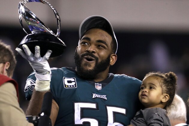 Philadelphia Eagles' Brandon Graham holds the George Halas Trophy after the NFL football NFC championship game against the Minnesota Vikings Sunday, Jan. 21, 2018, in Philadelphia. The Eagles won 38-7 to advance to Super Bowl LII. (AP Photo/Michael Perez)