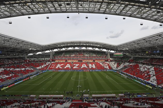 In this photo taken on Saturday, June 24, 2017, a general view of the Kazan Arena stadium in Kazan, Russia. (AP Photo/Sergei Grits)