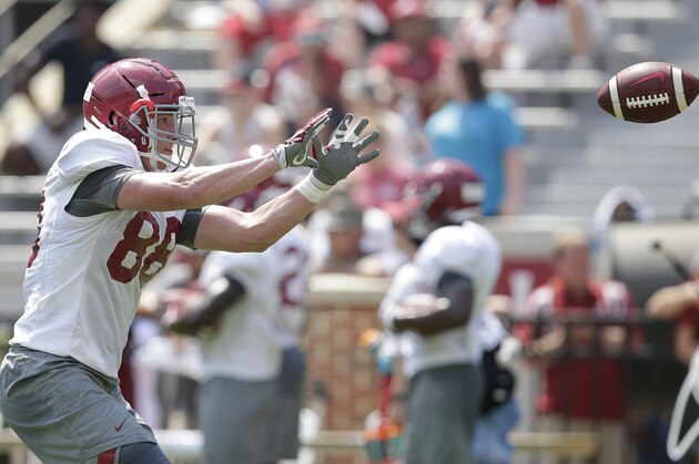 Alabama tight end Major Tennison (88) catches the ball during an NCAA college football practice at Bryant–Denny Stadium, Saturday, Aug. 5, 2017, in Tuscaloosa, Ala. (AP Photo/Brynn Anderson)
