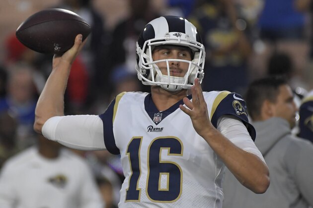 Los Angeles Rams quarterback Jared Goff warms up before an NFL football wild-card playoff game against the Atlanta Falcons Saturday, Jan. 6, 2018, in Los Angeles. (AP Photo/Mark J. Terrill)
