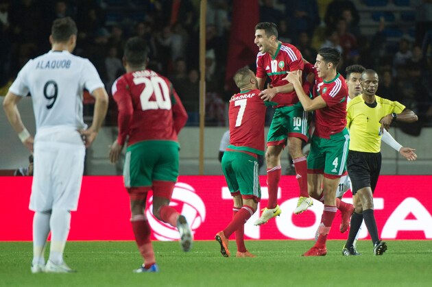 Morocco's Walid el-Krati (C-R) celebrates after scoring during the semi-final football match in the African Nations Championship between Morocco and Libya at the Mohammed V Casablanca Stadium on January 31, 2018. / AFP PHOTO / Fadel SENNA        (Photo credit should read FADEL SENNA/AFP/Getty Images)