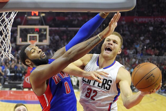 Los Angeles Clippers forward Blake Griffin, right, shoots as Detroit Pistons center Andre Drummond defends during the second half of an NBA basketball game, Monday, Nov. 7, 2016, in Los Angeles. The Clippers won 114-82. (AP Photo/Mark J. Terrill)