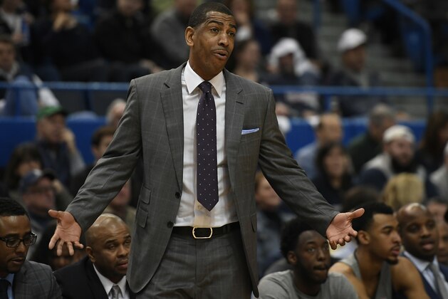 Connecticut head coach Kevin Ollie gestures during the first half of an NCAA college basketball game, Saturday, Jan. 20, 2018, in Hartford, Conn. (AP Photo/Jessica Hill)