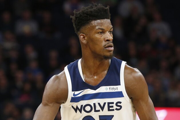 Minnesota Timberwolves' Jimmy Butler plays against the New York Knicks in the first half of an NBA basketball game Friday, Jan. 12, 2018, in Minneapolis. (AP Photo/Jim Mone)