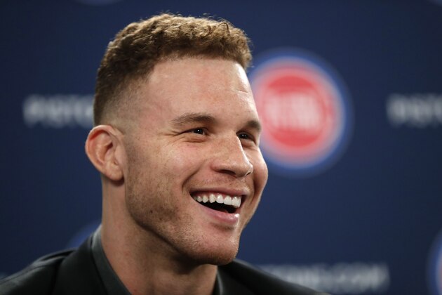Detroit Pistons' Blake Griffin smiles while talking about his trade from the Los Angeles Clippers to the Pistons during an NBA baseball news conference in Auburn Hills, Mich., Wednesday, Jan. 31, 2018. (AP Photo/Paul Sancya) Detroit Pistons' Blake Griffin smiles while talking about his trade from the Los Angeles Clippers to the Pistons during an NBA baseball news conference in Auburn Hills, Mich., Wednesday, Jan. 31, 2018. (AP Photo/Paul Sancya)