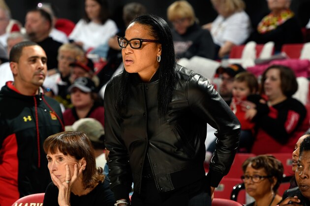 COLLEGE PARK, MD - NOVEMBER 13:  Head Coach Dawn Staley of the South Carolina Gamecocks watches the game against the Maryland Terrapins at Xfinity Center on November 13, 2017 in College Park, Maryland.  (Photo by G Fiume/Maryland Terrapins/Getty Images)