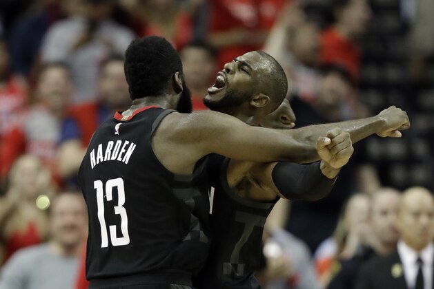 Houston Rockets' James Harden (13) celebrates with Chris Paul after making a basket during the second half of an NBA basketball game against the New Orleans Pelicans, Monday, Dec. 11, 2017, in Houston.(AP Photo/David J. Phillip)