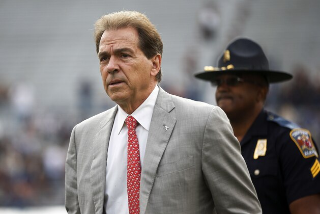 FILE - In this Nov. 25, 2017, file photo, Alabama head coach Nick Saban walks the field before the Iron Bowl NCAA college football game against Auburn, in Auburn, Ala. Write-in votes could help decide Alabama’s Senate race between Republican Roy Moore and Democrat Doug Jones. Saban often gets write-in votes in state elections.  (AP Photo/Brynn Anderson, File)