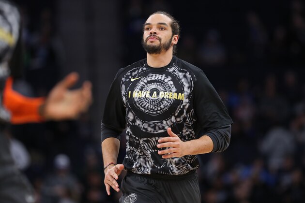 MINNEAPOLIS, MN - JANUARY 12: Joakim Noah #13 of the New York Knicks warms up before the game against the Minnesota Timberwolves on January 12, 2018 at Target Center in Minneapolis, Minnesota. NOTE TO USER: User expressly acknowledges and agrees that, by downloading and or using this Photograph, user is consenting to the terms and conditions of the Getty Images License Agreement. Mandatory Copyright Notice: Copyright 2018 NBAE (Photo by Jordan Johnson/NBAE via Getty Images)