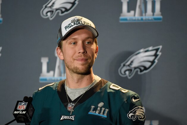 BLOOMINGTON, MN - JANUARY 31: Nick Foles #9 of the Philadelphia Eagles speaks to the media during Super Bowl LII media availability on January 31, 2018 at Mall of America in Bloomington, Minnesota. The Philadelphia Eagles will face the New England Patriots in Super Bowl LII on February 4th. (Photo by Hannah Foslien/Getty Images)