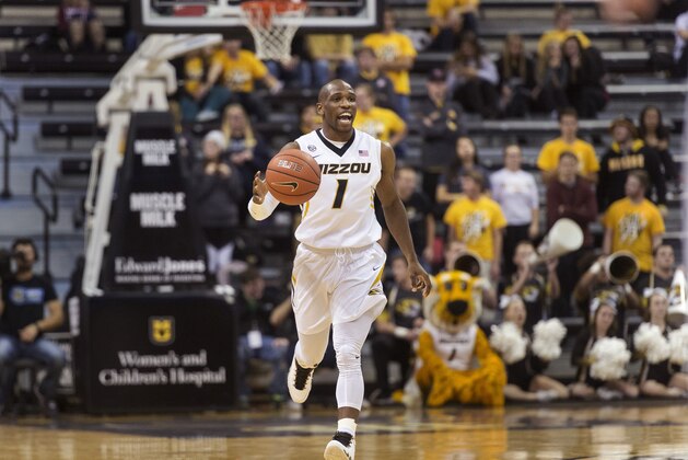 Missouri's Terrence Phillips calls a play as he brings the ball up court during the first half of an NCAA college basketball game against Miami (Ohio) Tuesday, Dec. 6, 2016, in Columbia, Mo. Missouri won the game 81-55.  (AP Photo/L.G. Patterson)