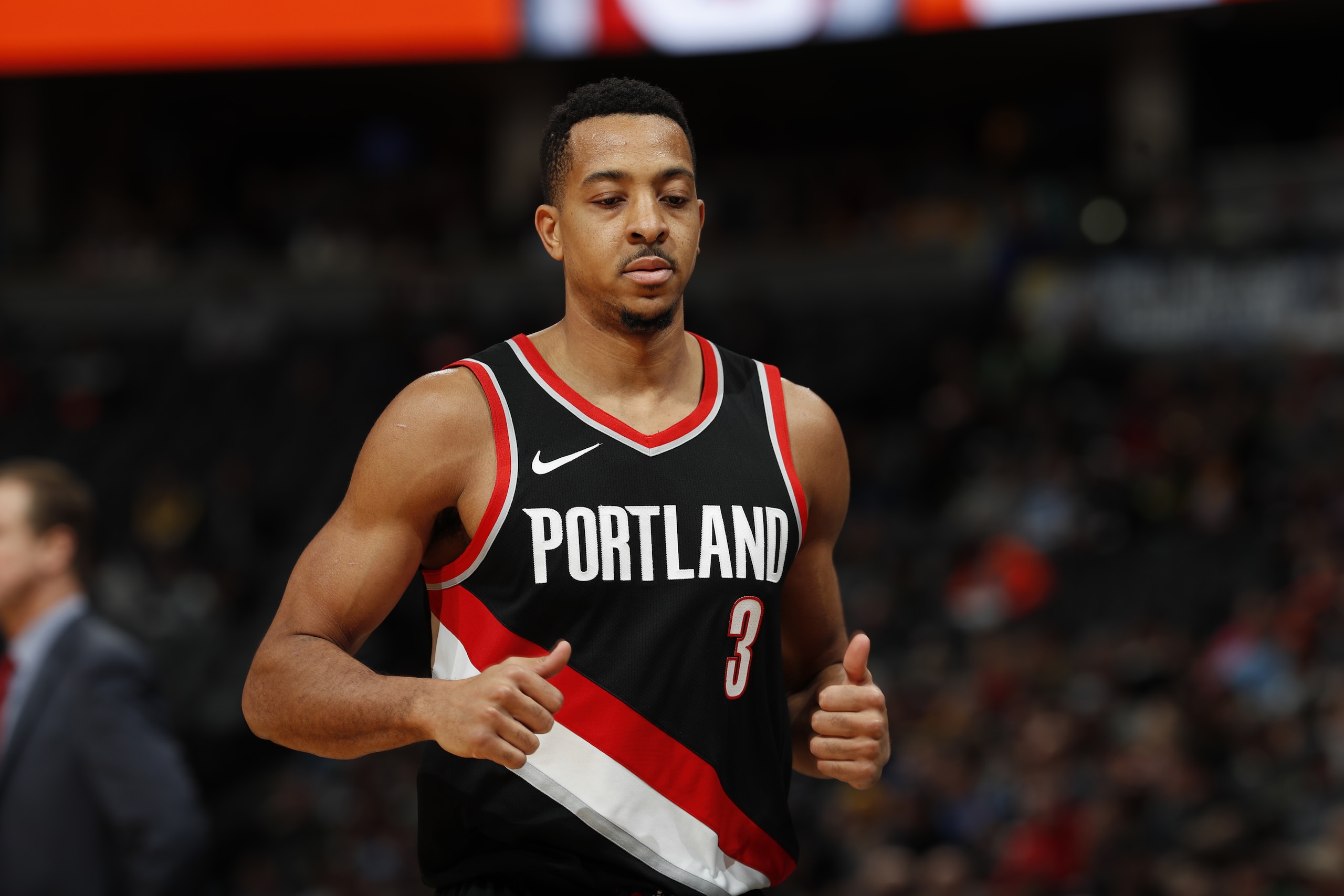 Portland Trail Blazers guard CJ McCollum (3) in the second half of an NBA basketball game Monday, Jan. 22, 2018, in Denver. The Nuggets 104-101. (AP Photo/David Zalubowski)