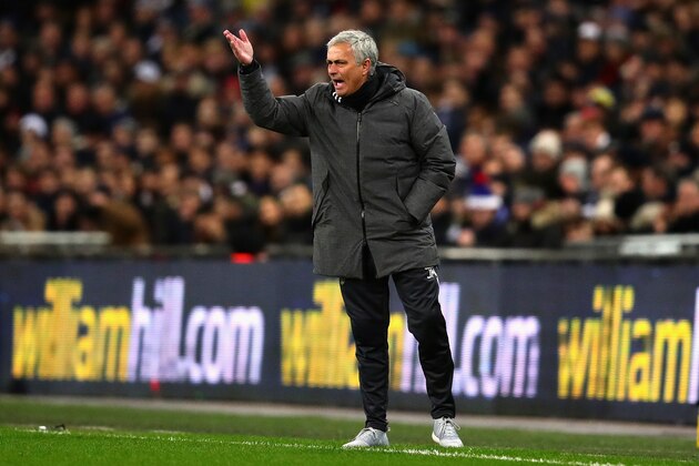 LONDON, ENGLAND - JANUARY 31:  Jose Mourinho, Manager of Manchester United gestures from the sideline during the Premier League match between Tottenham Hotspur and Manchester United at Wembley Stadium on January 31, 2018 in London, England.  (Photo by Chris Brunskill Ltd/Getty Images)