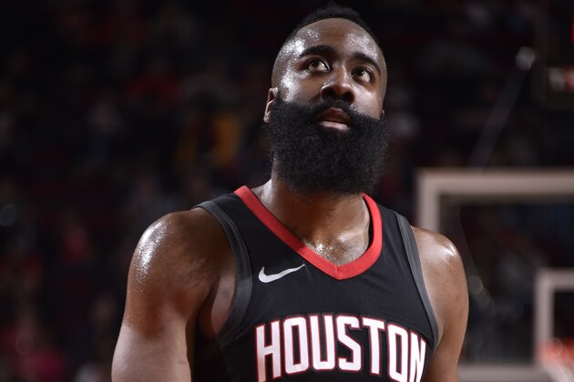 HOUSTON, TX - JANUARY 30:  James Harden #13 of the Houston Rockets looks on during the game against the Orlando Magic on January 30, 2018 at the Toyota Center in Houston, Texas. NOTE TO USER: User expressly acknowledges and agrees that, by downloading and or using this photograph, User is consenting to the terms and conditions of the Getty Images License Agreement. Mandatory Copyright Notice: Copyright 2018 NBAE (Photo by Bill Baptist/NBAE via Getty Images)
