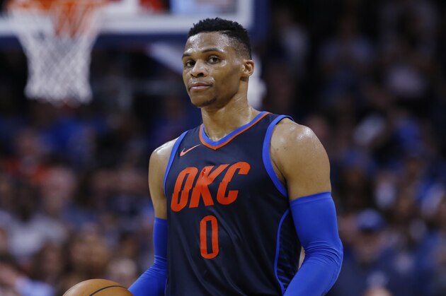 Oklahoma City Thunder guard Russell Westbrook during an NBA basketball game against the Philadelphia 76ers in Oklahoma City, Sunday, Jan. 28, 2018. (AP Photo/Sue Ogrocki)