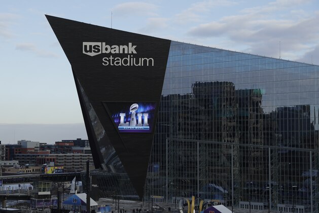 U.S. Bank Stadium is seen Wednesday, Jan. 31, 2018, in Minneapolis. The NFL Super Bowl 52 football game will be played Sunday, Feb. 4, 2018. (AP Photo/Matt Slocum)