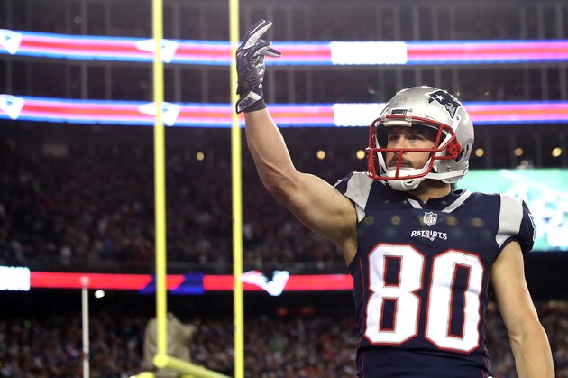 FOXBOROUGH, MA - JANUARY 21:  Danny Amendola #80 of the New England Patriots reacts after scoring a touchdown in the fourth quarter during the AFC Championship Game against the Jacksonville Jaguars  at Gillette Stadium on January 21, 2018 in Foxborough, Massachusetts.  (Photo by Elsa/Getty Images)