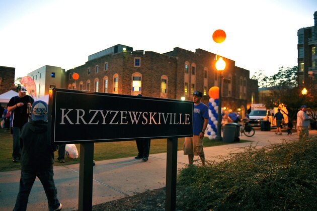 DURHAM, NC - OCTOBER 19: A view of the 'Krzyzewskiville' sign outside Cameron Indoor Stadium ahead of Countdown to Craziness on October 19, 2012 in Durham, North Carolina. (Photo by Lance King/Getty Images)