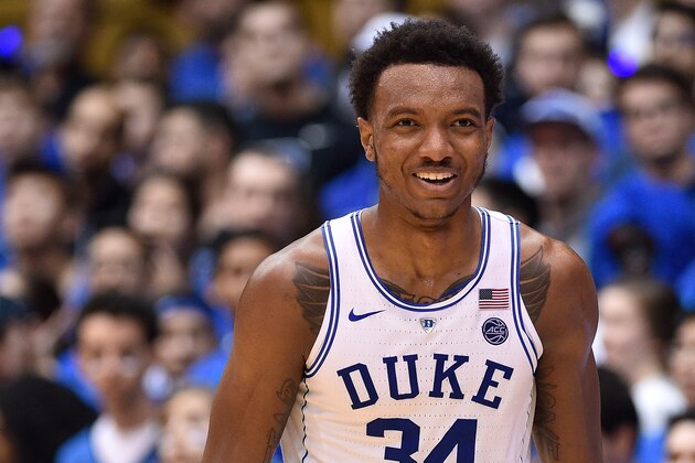 DURHAM, NC - JANUARY 13:  Wendell Carter Jr #34 of the Duke Blue Devils against the Wake Forest Demon Deacons during their game at Cameron Indoor Stadium on January 13, 2018 in Durham, North Carolina. Duke won 89-71.  (Photo by Grant Halverson/Getty Images)