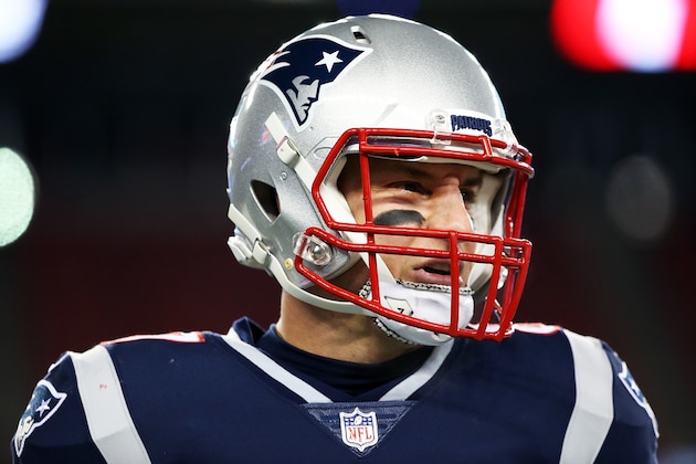 FOXBOROUGH, MA - JANUARY 13:  Rob Gronkowski #87 of the New England Patriots looks on before the AFC Divisional Playoff game against the Tennessee Titans  at Gillette Stadium on January 13, 2018 in Foxborough, Massachusetts.  (Photo by Adam Glanzman/Getty Images)