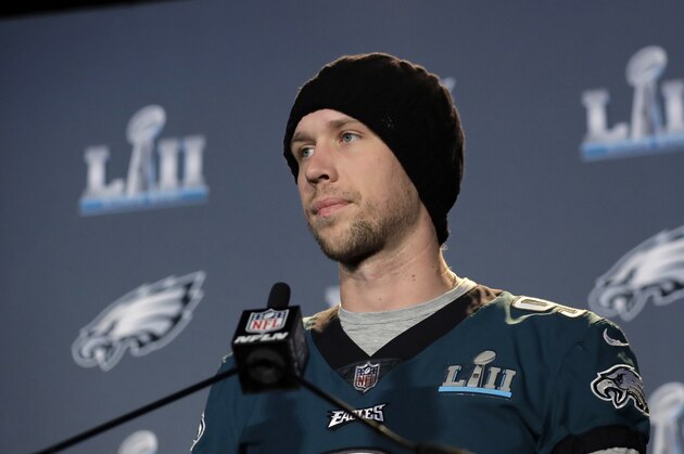 Philadelphia Eagles quarterback Nick Foles (9) takes part in a media availability for the NFL Super Bowl 52 football game Thursday, Feb. 1, 2018, in Minneapolis. Philadelphia is scheduled to face the New England Patriots Sunday. (AP Photo/Eric Gay)