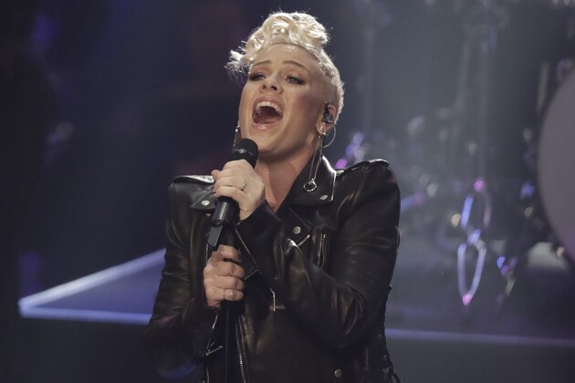US singer Pink performs during the TV casting show 'The Voice of Germany' in Berlin, Germany, Sunday, Dec. 10, 2017. (Joerg Carstensen/dpa via AP)